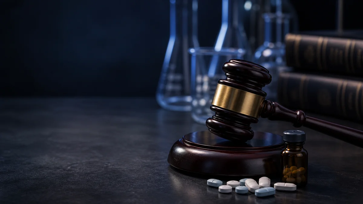 Martelo da justiça, medicamentos e materiais de laboratório